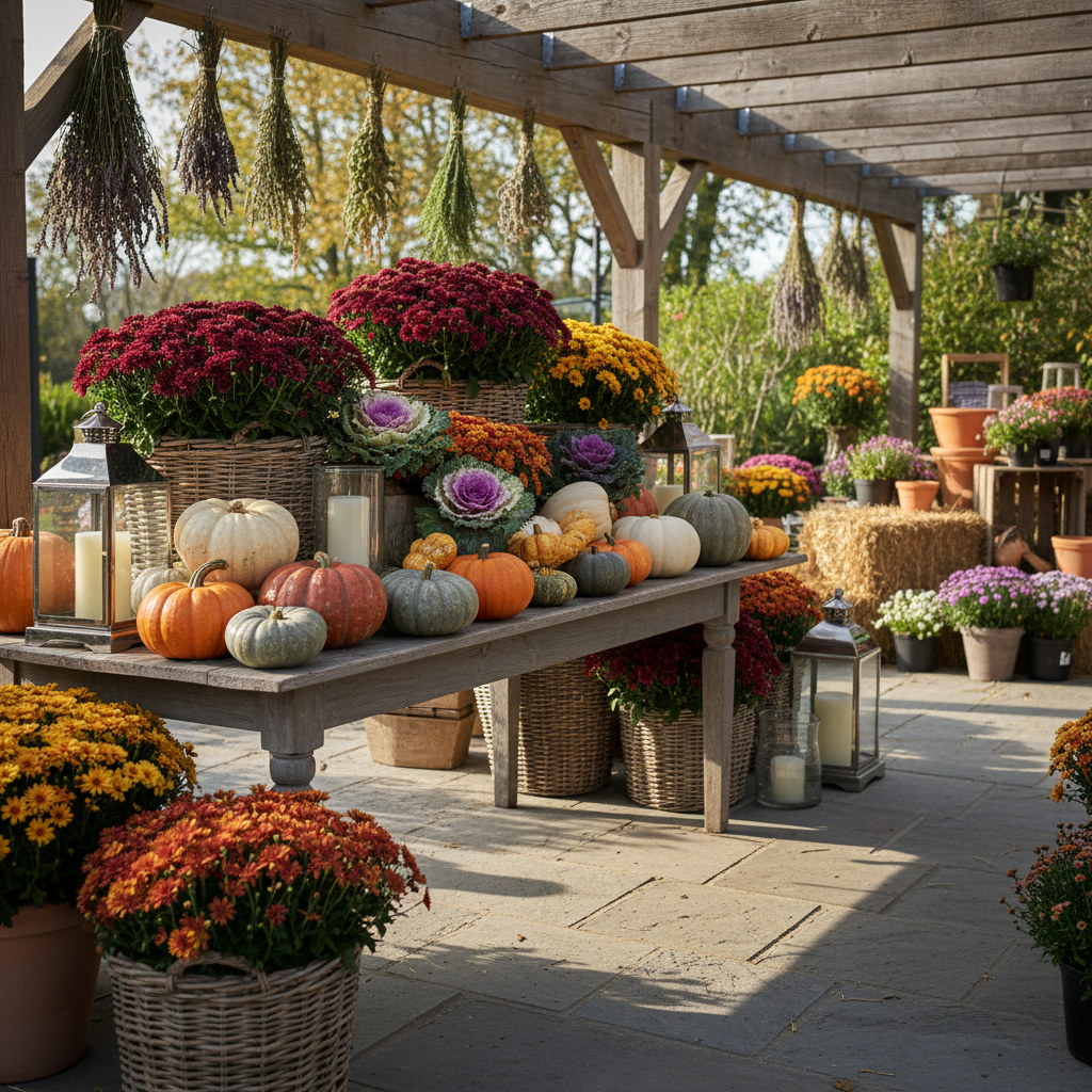 An elegant seasonal feature display at Bella Terra Garden Center, dedicated to autumn gardening. A weathered wood table is piled with decorative gourds, heirloom pumpkins in muted tones, and rustic woven baskets filled with fall-blooming mums and ornamental kale. Beside them, upscale garden candles in glass vessels and metal lanterns suggest cozy outdoor evenings. The setting is an outdoor covered area with exposed beams and hanging dried herbs. Warm, low-angle afternoon light enhances the rich oranges, deep purples, and forest greens, casting elongated, sophisticated shadows. Photographic realism, framed using the rule of thirds, with the centerpiece arrangement in sharp focus while peripheral hay bales, seasonal signage substitutes, and additional plants gently blur, creating a luxurious yet welcoming seasonal shopping scene without humans or text.
