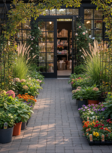 A sophisticated garden center entrance at Bella Terra Garden Center, with neatly arranged rows of lush perennial plants in terracotta and charcoal fiber pots, seasonal flowering annuals in carefully labeled trays, and tall ornamental grasses swaying gently. The scene is set on a clean paved pathway leading to elegant glass doors, framed by climbing vines on black metal trellises. Soft late-afternoon natural light bathes the plants, casting refined shadows and subtle highlights on glossy leaves. Photographic realism, eye-level composition with slight depth of field, creating a calm, welcoming atmosphere. In the blurred background, glimpses of tasteful garden décor and gift items suggest an upscale yet approachable local garden shop in Ellendale, Delaware, without showing any people or text.