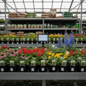 A close-up, photographic-realism shot of a meticulously arranged plant display that illustrates synced online and in-store inventory at BellaTerraDE.shop. In the foreground, neat rows of labeled nursery pots contain different varieties of blooming perennials, each with distinct leaf shapes and flower colors, set on dark metal benches. Behind them, a parallel shelf of garden supplies—mulch bags, soil amendments, and watering accessories—aligns perfectly. Gentle skylight from an overhead greenhouse roof creates soft, even lighting, with delicate highlights on plastic pot rims and hydrated soil. The mood is orderly and professional, captured from a low, slightly angled perspective to emphasize depth and abundance, while the background dissolves into a subtle blur of additional stock, hinting at robust, well-managed inventory without showing people or readable labels.