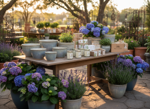 A beautifully styled outdoor vignette featuring a curated selection of garden gifts from Bella Terra Garden Center: an artfully arranged cluster of ceramic birdbaths in muted blues and grays, delicately glazed planters with subtle patterning, and a small display of scented candles and garden-themed gift sets arranged on a reclaimed wood table. Surrounding the table are potted hydrangeas and lavender, adding lush texture and color. Soft golden hour sunlight creates warm highlights on the ceramics and gentle shadows on the stone patio. Photographic realism, shot at a three-quarter angle, with a shallow depth of field that keeps the gifts in sharp focus while the background fades into a refined blur of additional garden décor and plants, creating an elegant, gift-shopping atmosphere.