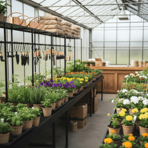 An elevated interior view of a pristine greenhouse section at BellaTerraDE.shop, showcasing organized benches of vibrant herbs, vegetable starts, and flowering seasonal items in biodegradable pots. Sleek black metal shelving displays premium garden supplies: copper watering cans, neatly stacked bags of organic soil, and elegant hand tools with wooden handles. Natural diffused light filters through clear greenhouse panels, creating gentle reflections on misted leaves and polished metal surfaces. The mood is serene and sophisticated, emphasizing order and abundance. Photographic realism with sharp focus in the foreground and soft bokeh toward the back, subtly revealing a service counter area for local pickup and delivery preparation, all without humans or visible branding text.