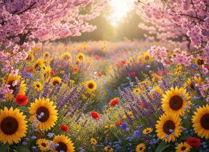 A lush, wide-format floral background for a garden center newsletter section. Dense arrangement of colorful garden flowers — sunflowers, lavender, cherry blossoms, wildflowers — soft-focus bokeh effect, warm natural light, vibrant greens and yellows and pinks, photographic realism. No text, no people, no logos. Wide landscape crop, suitable as a full-width section background.